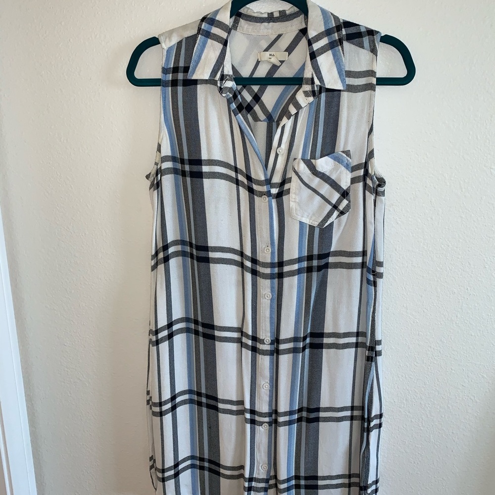 Blue, black, white plaid button down summer dress